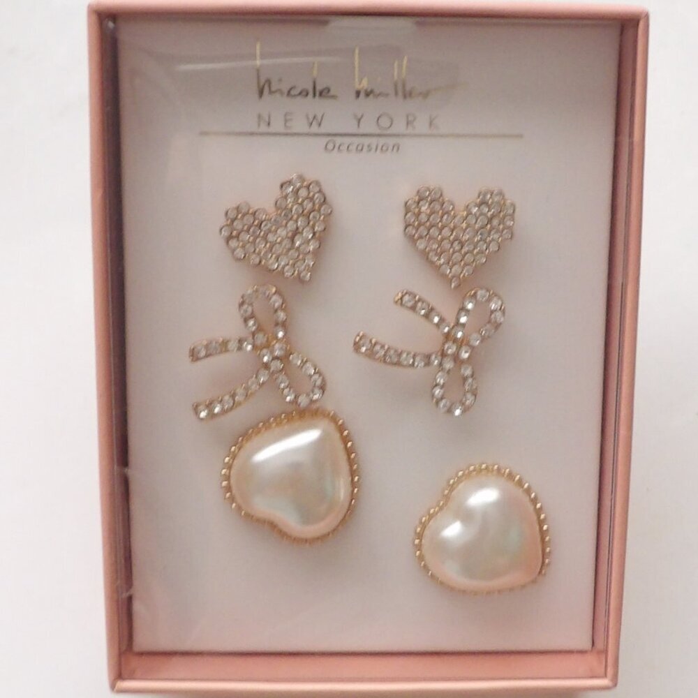 Nicole Miller New York Boxed Set of 3 Earrings Hearts and Bows
